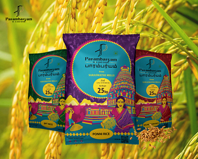 Packaging design for Parambaryam rice adobe adobe illustrator adobe photoshop branding characters colorful design illustration illustrator india package design packaging photoshop