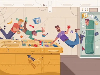 Space Dinner art astronaut cartoon character character design dinner flat food illustration interior sleep space vector