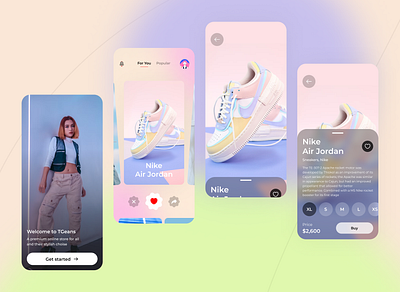 TGeans - Ecommerce Mobile App app app design clean color design ecommerce fashion fashion app gradient ios marketplace minimal mobile app mobile ui product design shoes shop shopping cart store uxui