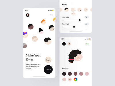 Avatar Maker App Concept adjustment character character creation clean color figma hair illustration minimal mobile app mobile design modify onboarding pallete scroll serif splash ui ux white