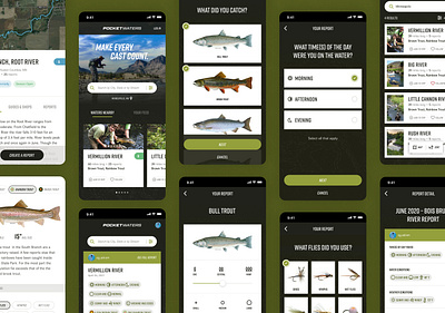 Pocket Waters Fly Fishing App app app design branding digital products fly fish fly fishing journaling trout ui ux