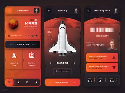 Flight Booking - Mobile app android app boarding pass booking explore flights glassmorphism gradient ios mars mobile mobile app planet red space travel trip ui ui design ux