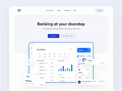 IP Banking landing page - Header bank banking dashboard banking website blog ecommerce finance get started how it works integration landing page design minimal pricing sign up transaction ux watch video web design website design