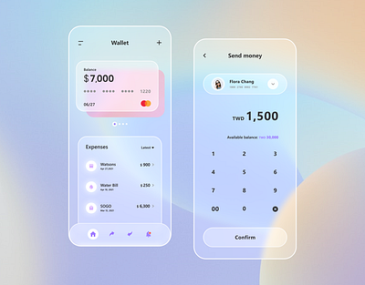 E-Wallet design glassmorphism mobile ui