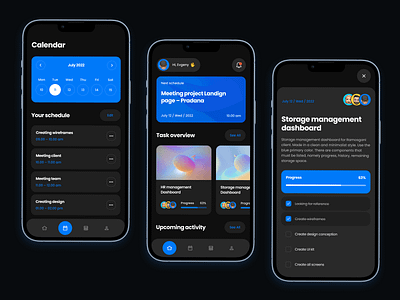 Taskku – task management app app app design black blue calendar cards clean dark mode management meeting minimal mobile night mode nineninjas schedule task task manegement team ui uiux