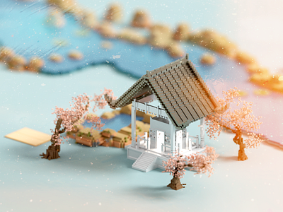 Blossom 3d blossom cherry illustration japan magicavoxel minimal render river spring voxel voxelart