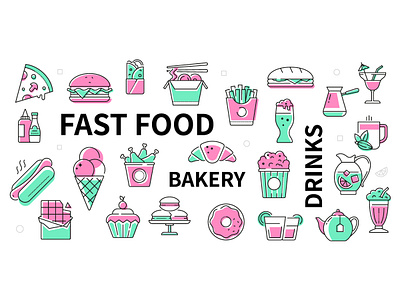 Fast food, bakery & drinks icons bakery cafe design drink fast flat design food icon illustration line menu restaurant style vector