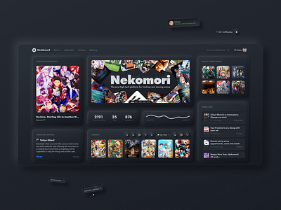 Nekomori Anime Platform Dashboard anime app banner black clean ui dark dashboard design interface neumorphic neumorphism newsfeed redesign ui ux web