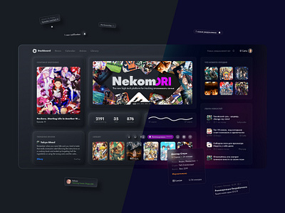 Nekomori Anime Platform Dashboard (2 concepts) anime app banner concept creative dark dashboard design glass glassmorphism interface neumorphic neumorphism newsfeed ui ux