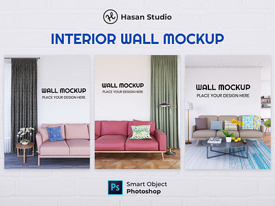 Living Room Wall Mockup Collection 3d render ads branding mockup photoshop promotion psd realistic wall mockup wallpaper wallpaper mockup