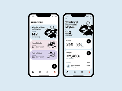 Wedding Planner App app blue budget calendar cards clean colorful dashboad event finance flat illustration minimal mobile planner serif soft stats ui wedding