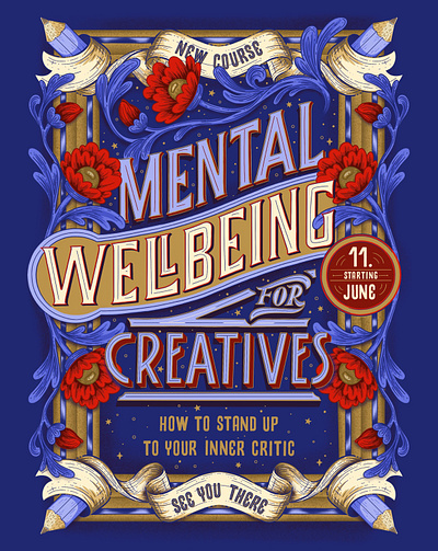 Flyer „Mental Wellbeing for Creatives“ branding design editorial editorial design flyer design graphic design illustration lettering lettering artist procreate typography vintage design vintage lettering