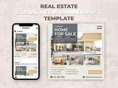 Real Estate Social Media Banner Post Template advertising banner design development flyer home house instagram interior marketing media new offer promotion real estate residence sale social media square template