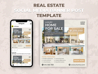 Real Estate Social Media Banner Post Template advertising banner design development flyer home house instagram interior marketing media new offer promotion real estate residence sale social media square template