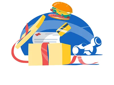 Benefit art blue breakfast burgers card design dumbbell food gift illustration office work