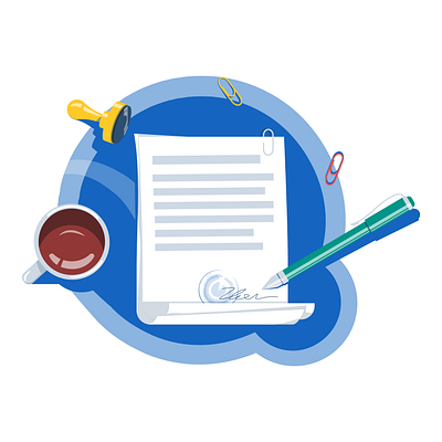 Contract art blue coffee contract cup document illustration office paper pen seal stationery work