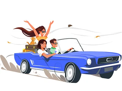 Trip (Breengy app) baggage car cat drive enjoying frriend illustraion mustang retro car road trip