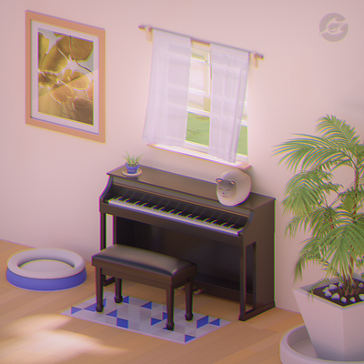 Peaceful Piano 3d art 3d artist 3dartist 3dmodel 3dmodelling b3d blender blender3d blendercycles cat environment npr peace plant render soft art stylized wind