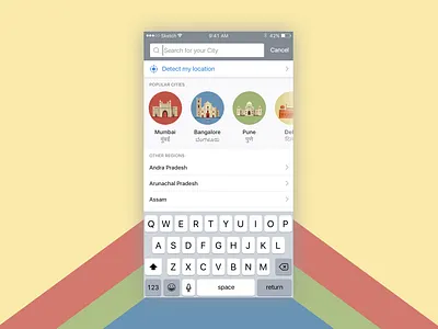 Region / Location selection screen with a touch of pastel app design app ui flat ui illustration india mobile design mumbai pastel search ui
