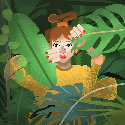 Hidden adobe illustrator adobe photoshop art character concept flat girl grain green illustration jungle leaves monstera nature poster prompt summer textured tropical leaves vector