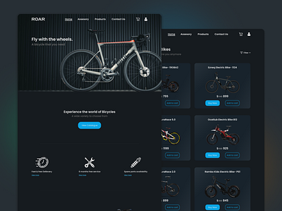 Roar Bikes Ecommerce Website Design bicycle bike dark theme dark theme design dark theme ecommerce dark theme ui dark ui dark ui ux design ecommerce ecommerce design night theme ui ux ui ux web uidesign uiux webdesign website design