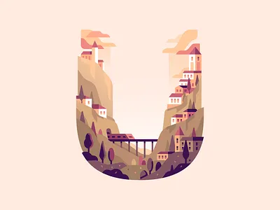 U 36daysoftype bridge color illustration letter nature train travel type village