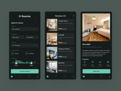 Room Booking App - Dark Mode akhil sunny dark mode dark theme dark ui design form hospitality icons logo minimal mobile app mobile ui pixalchemy room booking ui ux