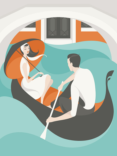 Venice Canals - Wai advertising boat canal conceptual conceptual illustration couple digital editorial illustration flat colour gondola graphic holiday illustration lifestyle people publishing romance vacation weekend