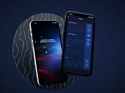 RheoPolyEDR App 3d app b3d blender dark app dark theme dark ui dashboard interface iphone 12 monitor render smartphone ui ui design ux ux design