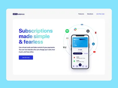 Zero balance | landing page finance financial website fintech fintech branding hero section home page landing landing page product design spotify subscriptions ui design virtual card visual identity website design