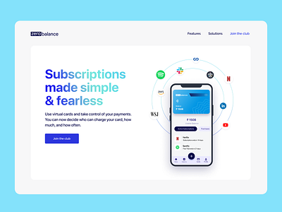 Zero balance | landing page finance financial website fintech fintech branding hero section home page landing landing page product design spotify subscriptions ui design virtual card visual identity website design