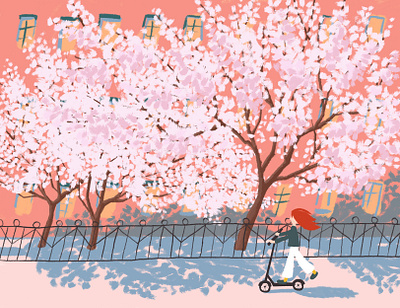 Spring street adobe photoshop art blooming city digital art digital illustration drawing garden girl illustration pink scooter shadows spring springtime street trees walking warm