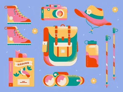 Birdwatching backpack bird birding birds birdwatching book boots hat hiking boots illustration texture water bottle