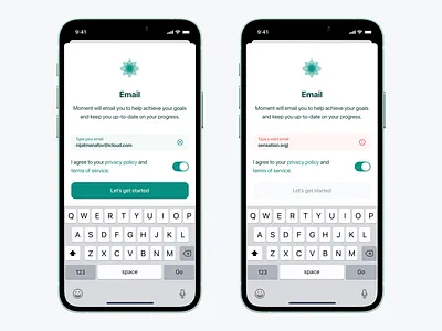 Moment: Email / Filled - Error States app app design case study clean design error state icon input input field interface interface design ios app design moment onboarding product design switch button ui uidesign ux uxdesign
