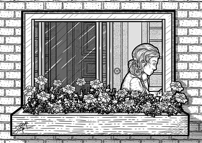 Writing art box cross hatching decorative digital drawing flower illustration lady line line art line artwork ornate room sit sitting stylize window woman writing