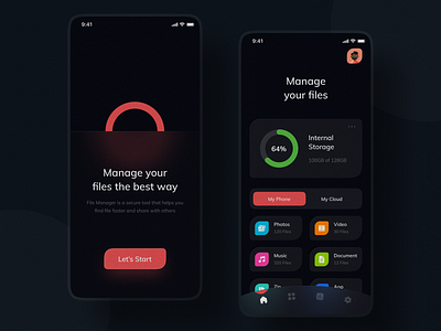 File Manager App app design app ui black bottom bar dark dark app dark mode dark theme dark ui file file explorer file manager file sharing files glass effect glassmorphism menu bar neon neon colors ui