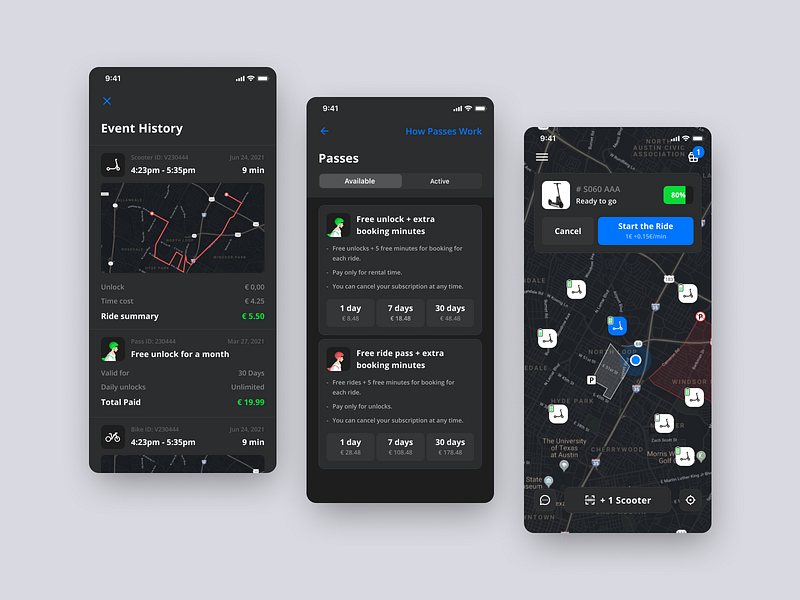 Electric bike and scooter rental battery bike dark mode engineering interface map mobile passes pin scooter