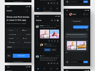 CoCuit - Social Media App app apps category chat app comment dark theme home media app mobile mobile app mobile app design mobile design onboarding social media social media app social media mobile ui ui mobile user interface ux