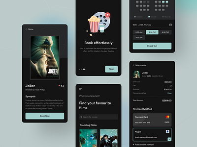 Movie ticket booking app cards clean clean design dark app dark mode dark theme dark ui design minimal mobile app movie movie app product responsive ticket ticket booking ui uiux ux