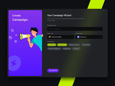 Create Campaign app dashboad design get started illustraion logo onboarding profile tags ui ux