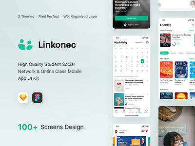 Linkonec UI Kit - Full Preview (Light Mode) activity app chat e library education minimal mobile mobile app online course online event online learning profile scholarship students study app teacher ticket page ui ui kit ux