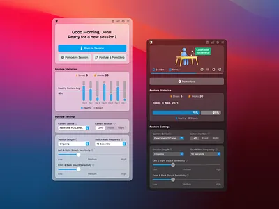 Zen - Posture Correction & Pomodoro App android app dark mode ios light mode mac menu pomodoro posture posture correction project redesign timer ui user experience user interface ux web webcam widget