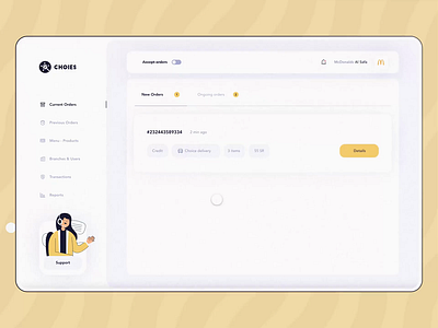 Choies App is an online food ordering - New orders screen dashboard food delivery food ordering george samuel interaction list navigation notification orders side menu table