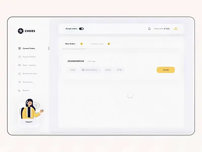 Choies App is an online food ordering - Accept or reject orders accept orders adroid ui kit animated mockup animation choies app dashboard screen food delivery app food ordering glassmorphism ios ui kit iphone mockup motion orders reject retro ui kit ux design xd ui kit