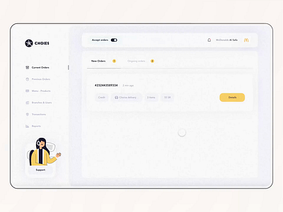 Choies App is an online food ordering - Accept or reject orders accept orders adroid ui kit animated mockup animation choies app dashboard screen food delivery app food ordering glassmorphism ios ui kit iphone mockup motion orders reject retro ui kit ux design xd ui kit