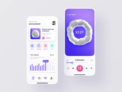 Lush – Relaxation App 3d ai animation app app design app ui c4d calm charts dashboard data visulization interface meditation mobile mobile ui pie chart player relax sphere ui