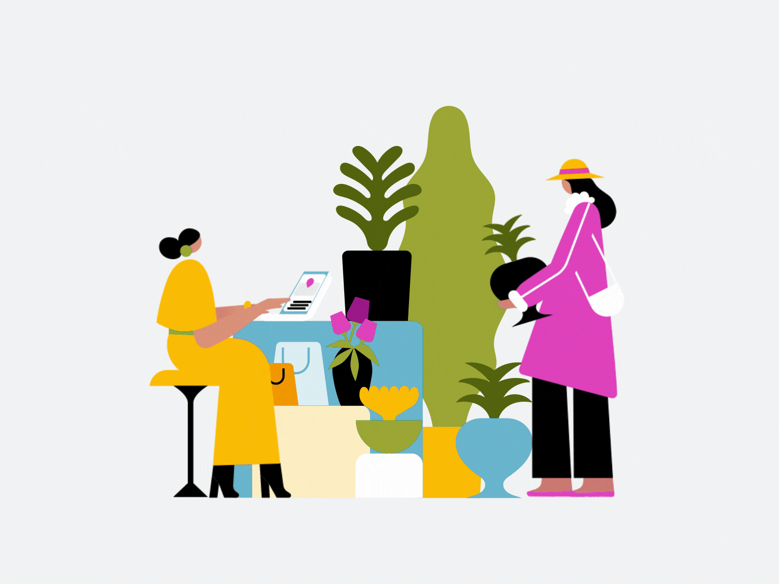 Flower shop animation character character animation enterpreneur flower flower shop gif girl illo illustration loop motion motion graphics plant plants plantshop shop shopping store women