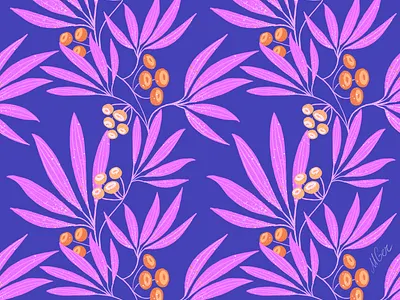Leafs and berries pattern berry design floral illustration orange parren plant purple surfacedesign violet