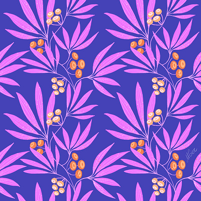 Leafs and berries pattern berry design floral illustration orange parren plant purple surfacedesign violet