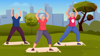 Qigong energy elderly people background elderly exercises flat illustration outdoors people qigong vector